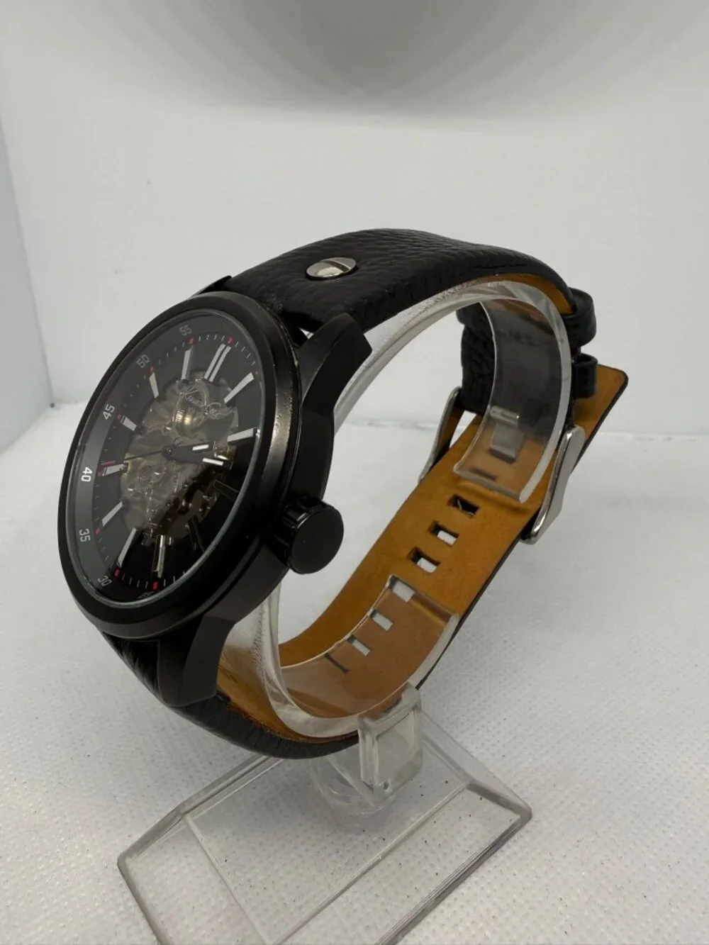 Kenneth Cole NY KC1550 Automatic Skeleton Black Dress Croc Leather Watch